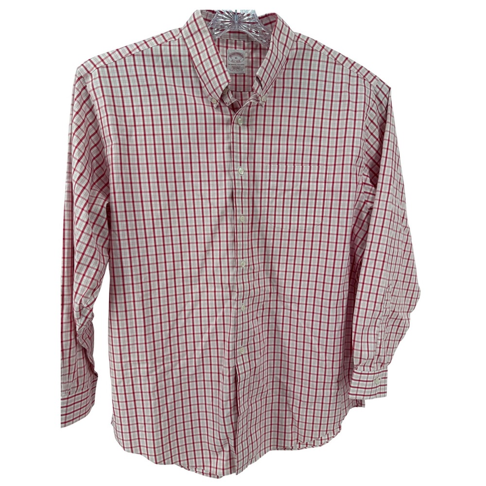 Brooks Brothers Shirt Mens XL Red White Plaid Button Down Regular Fit Non Iron